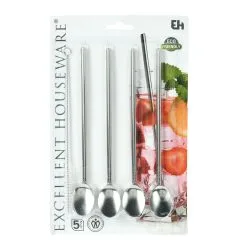 Excellent Houseware RVS Rietjes Met Lepel 4 Stuks + Schoonmaakborstel